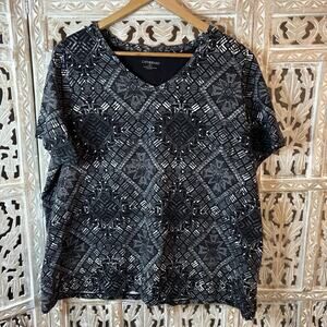 Catherines Womens 3/4 Sleeve Paisley Top Size 4X Black V Neck Fairy Grunge Boho